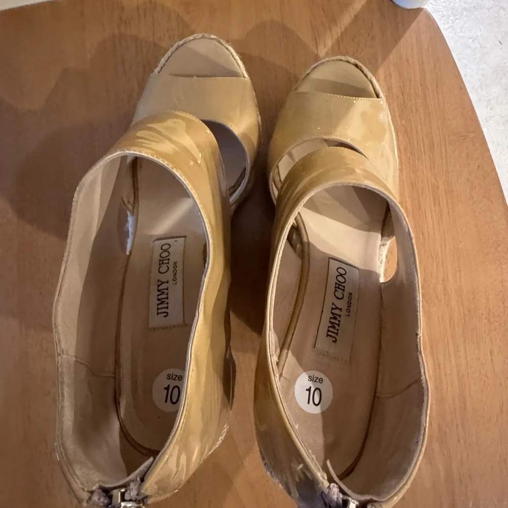 Jimmy Choo Beige Patent Leather Wedge Sandals